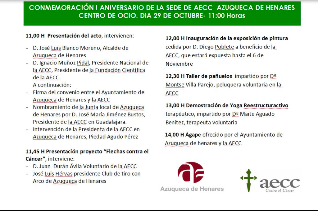 29 OCT: Conmemoración I Aniversario de la Sede de AECC Azuqueca de Henares